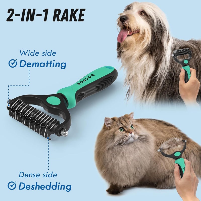 Docrok Pet Grooming Brush and Metal Comb Combo, Cat Brush Dog Brush for Shedding, Undercoat Rake for Dogs Grooming, Dematting Deshedding Brush Dogs Shedding Tool for Long matted Haired Pets, Green - Image 2